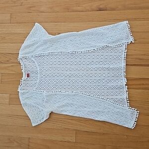 White Crochet Pom Pom Short Sleeve Cardigan, Coverup